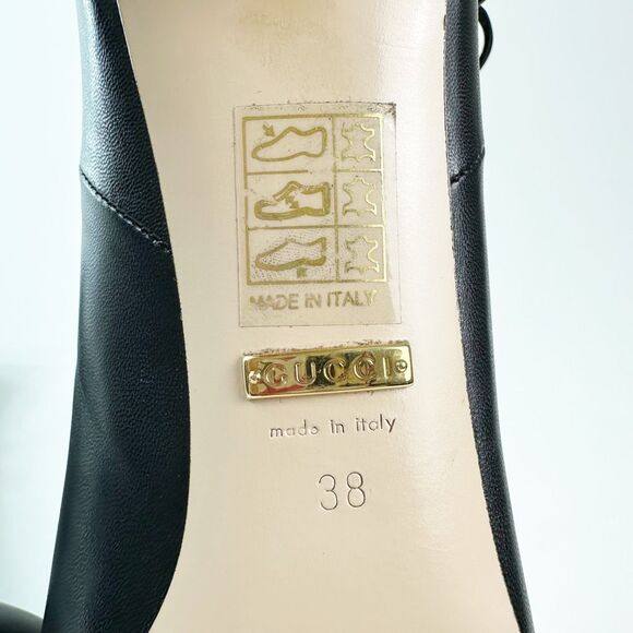 GUCCI Indya Pleated Bow Tie GG Boots Size 38 US 8 Black Leather Ankle Tie Strap - Picture 11 of 15